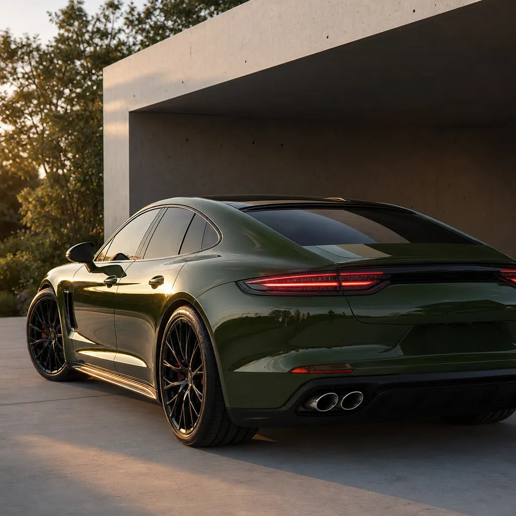 Luxury car wrapped in Crystal Army Green gloss colored PPF at golden hour | Veloro