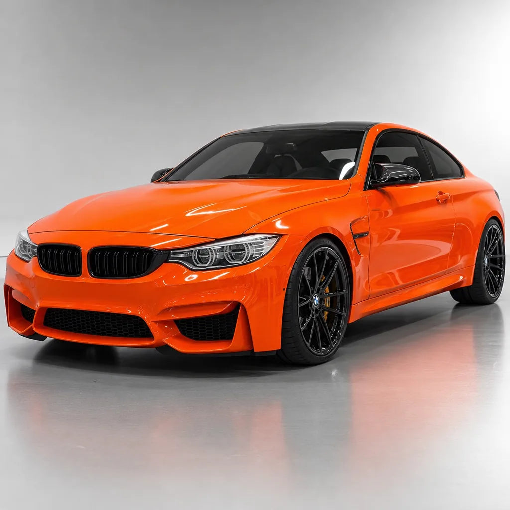 Crystal Orange Red gloss colored PPF wrapped on a BMW M4 | Veloro