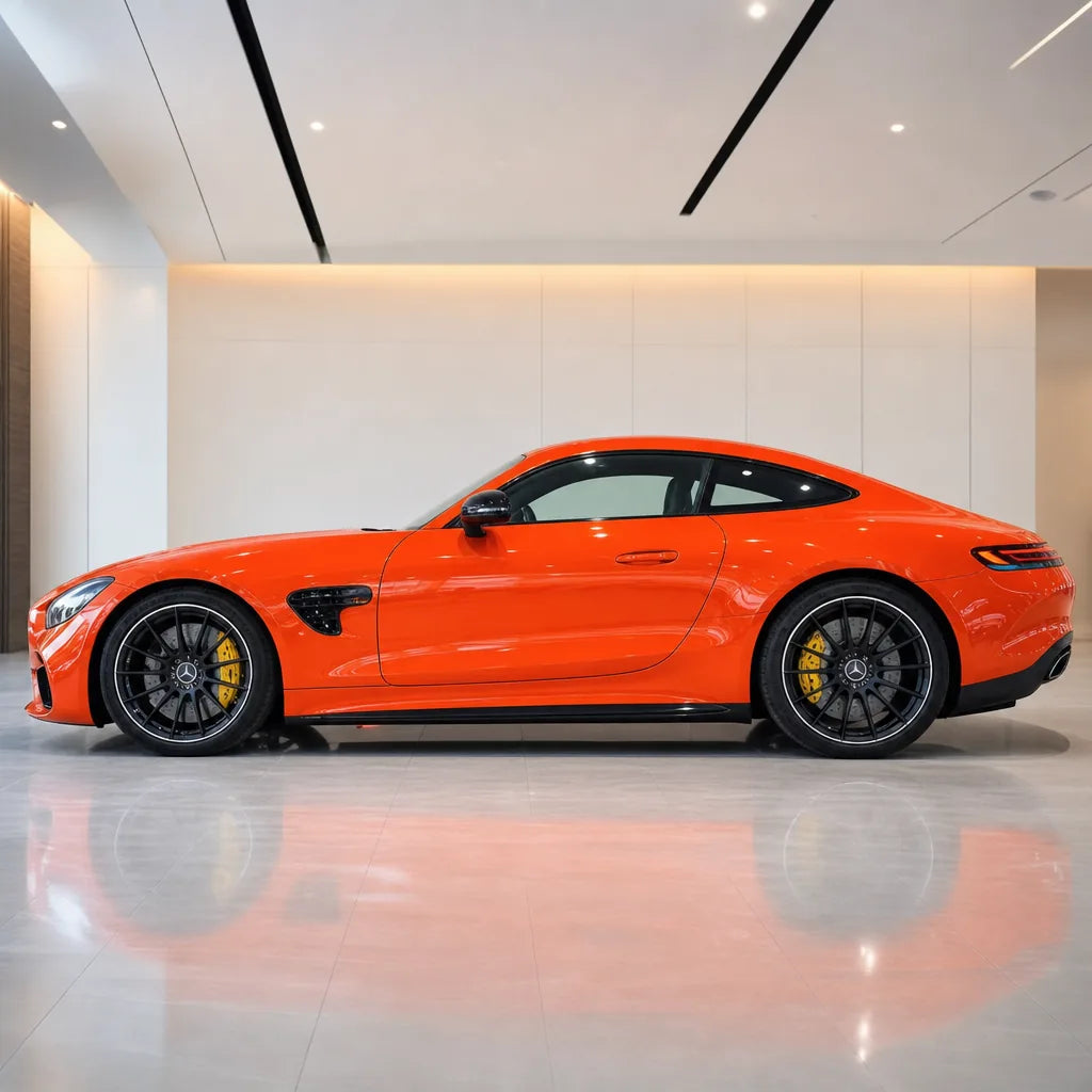 Crystal Orange Red gloss colored PPF wrapped on a Mercedes-AMG GT side profile | Veloro