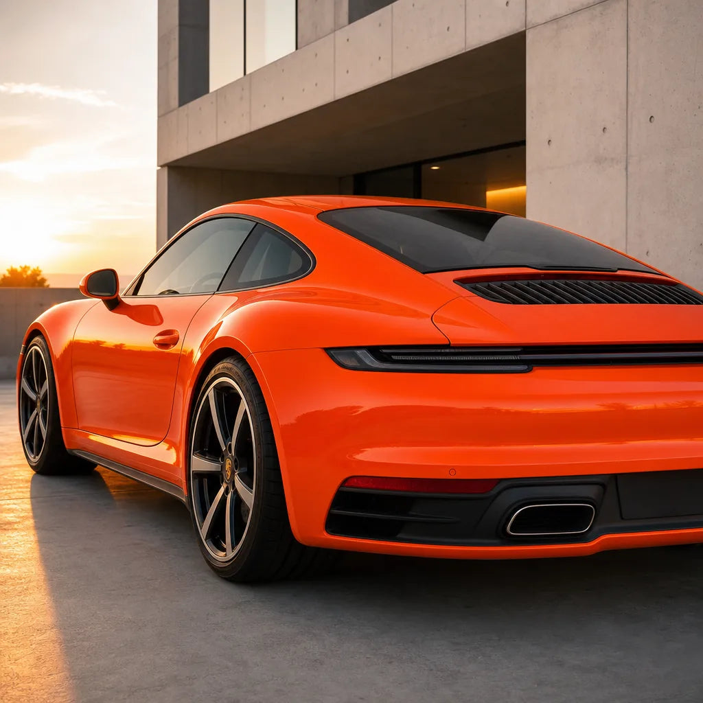 Luxury car wrapped in Crystal Orange Red gloss colored PPF at golden hour | Veloro