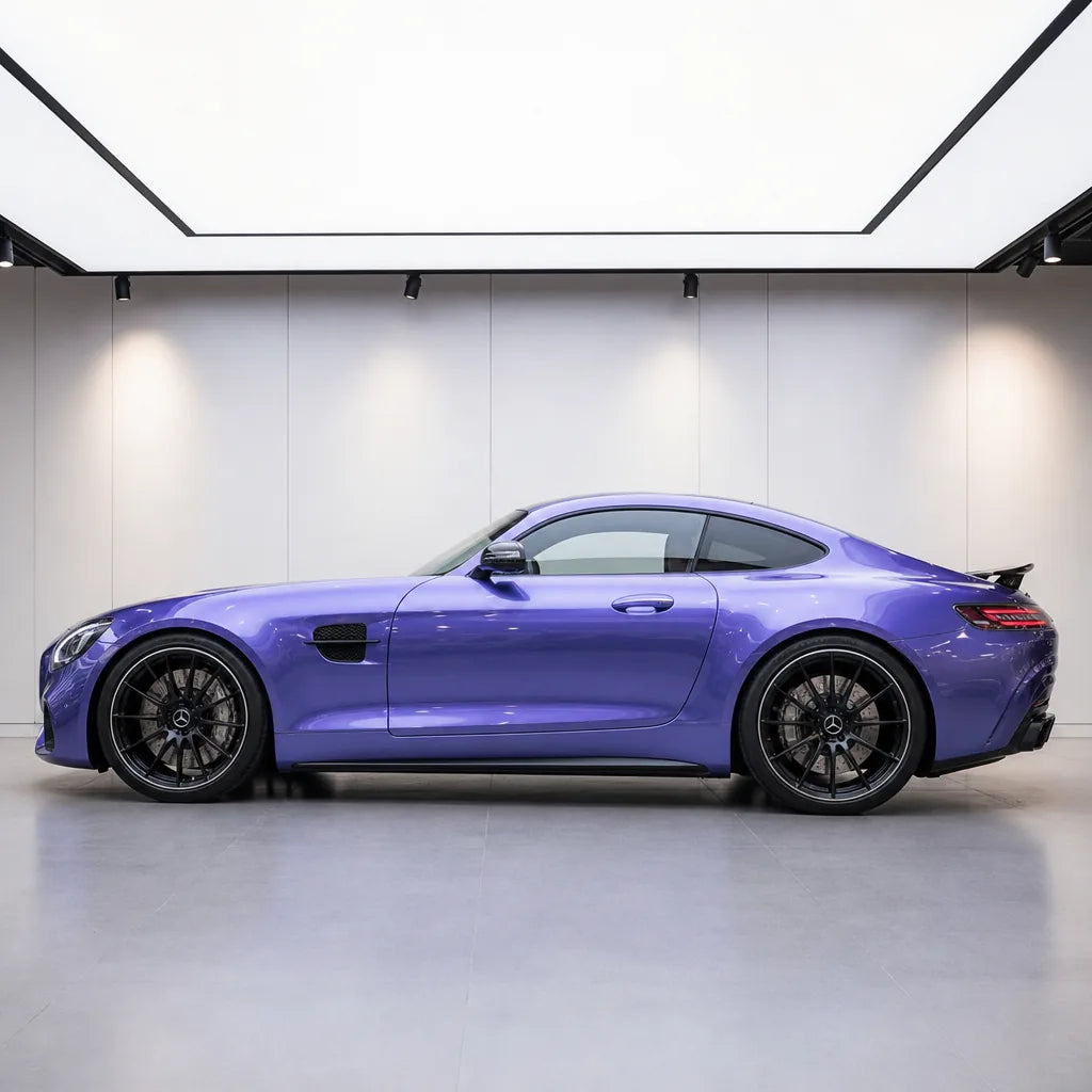 Crystal Rosemary Purple gloss colored PPF wrapped on a Mercedes-AMG GT side profile | Veloro