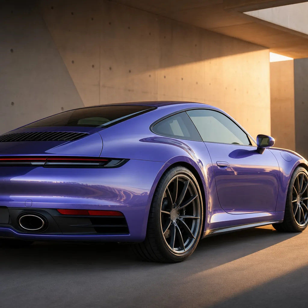 Luxury car wrapped in Crystal Rosemary Purple gloss colored PPF at golden hour | Veloro