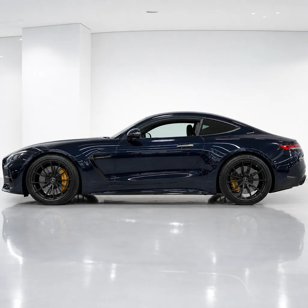 Crystal Sapphire Blue gloss colored PPF wrapped on a Mercedes-AMG GT side profile | Veloro