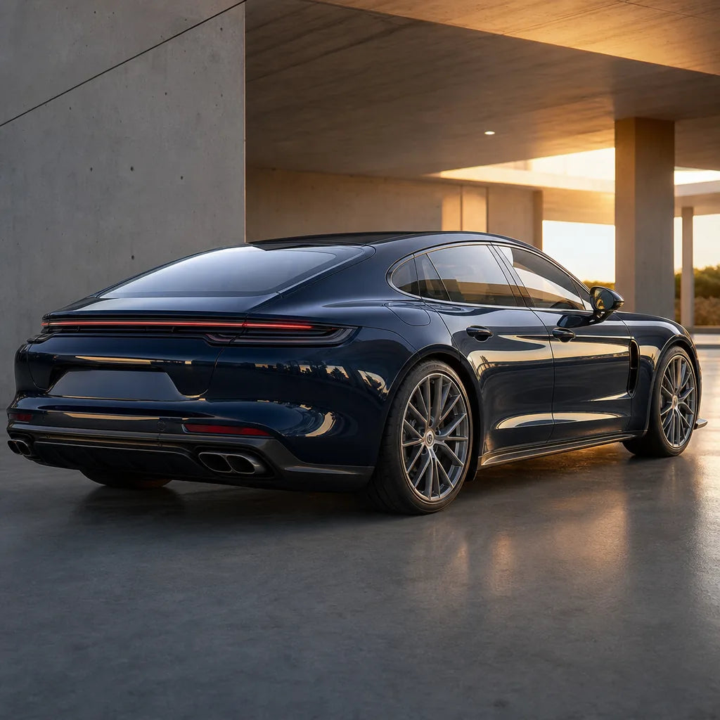 Luxury car wrapped in Crystal Sapphire Blue gloss colored PPF at golden hour | Veloro