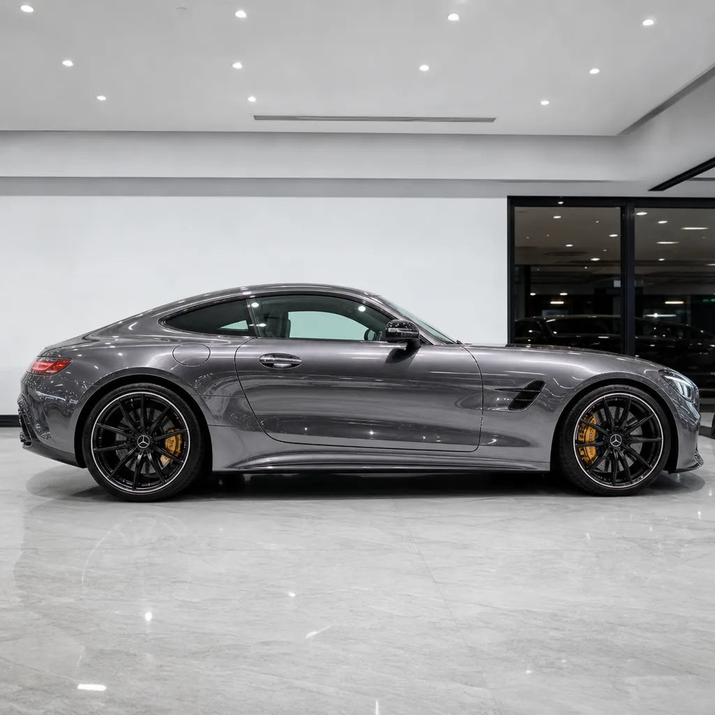 Crystal Sunshine Purple gloss colored PPF wrapped on a Mercedes-AMG GT side profile | Veloro