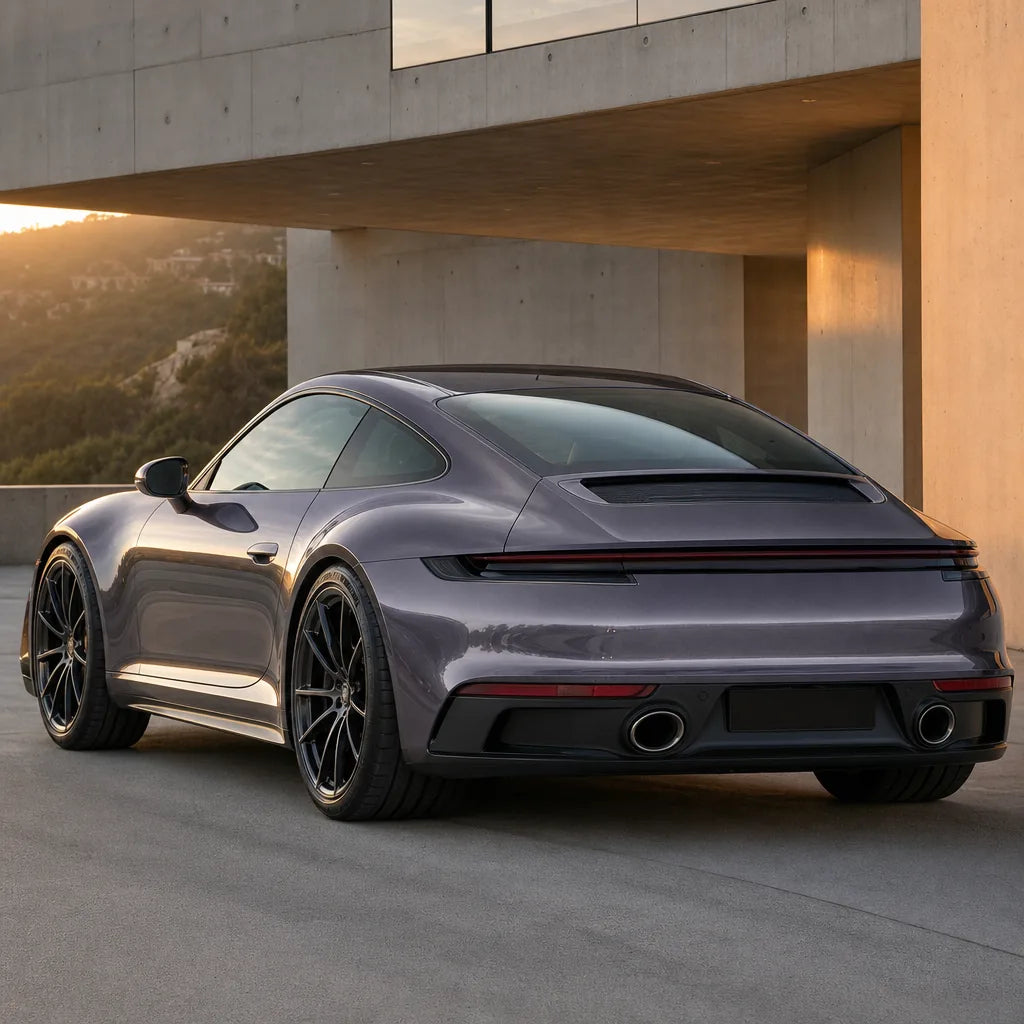 Luxury car wrapped in Crystal Sunshine Purple gloss colored PPF at golden hour | Veloro