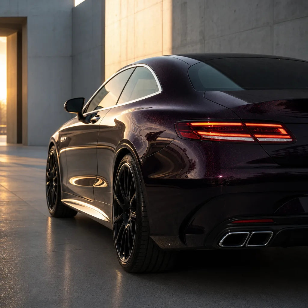 Luxury car wrapped in Cuprite Red gloss colored PPF at golden hour | Veloro
