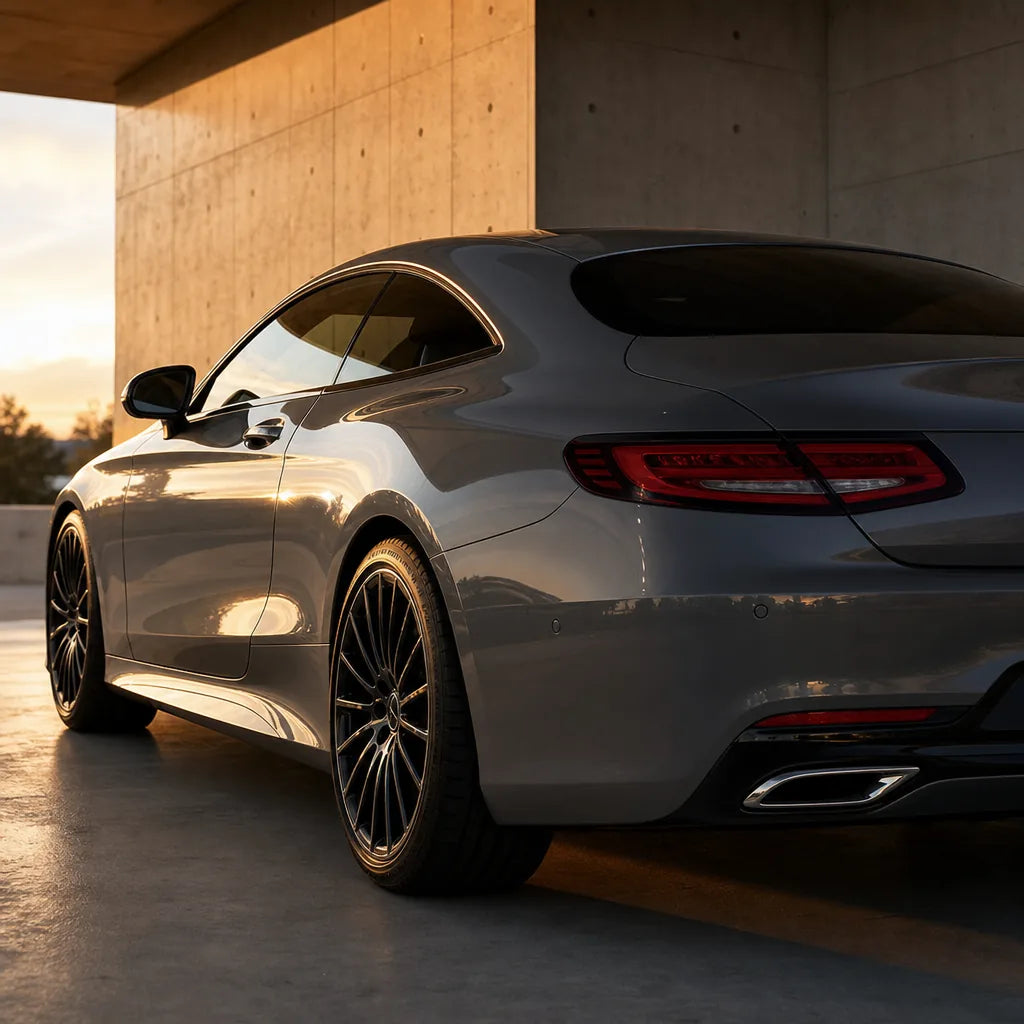 Luxury car wrapped in Dark Chalkn Grey gloss colored PPF at golden hour | Veloro
