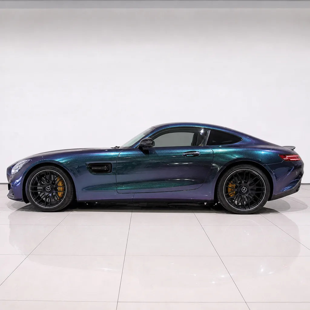 Diamond Aurora Green gloss colored PPF wrapped on a Mercedes-AMG GT side profile | Veloro