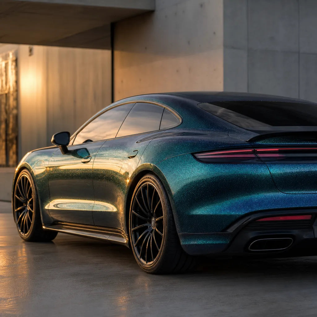 Luxury car wrapped in Diamond Aurora Green gloss colored PPF at golden hour | Veloro