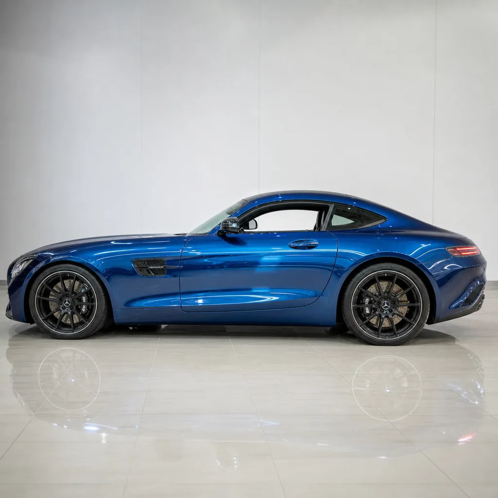 Diamond Blue gloss colored PPF wrapped on a Mercedes-AMG GT side profile | Veloro
