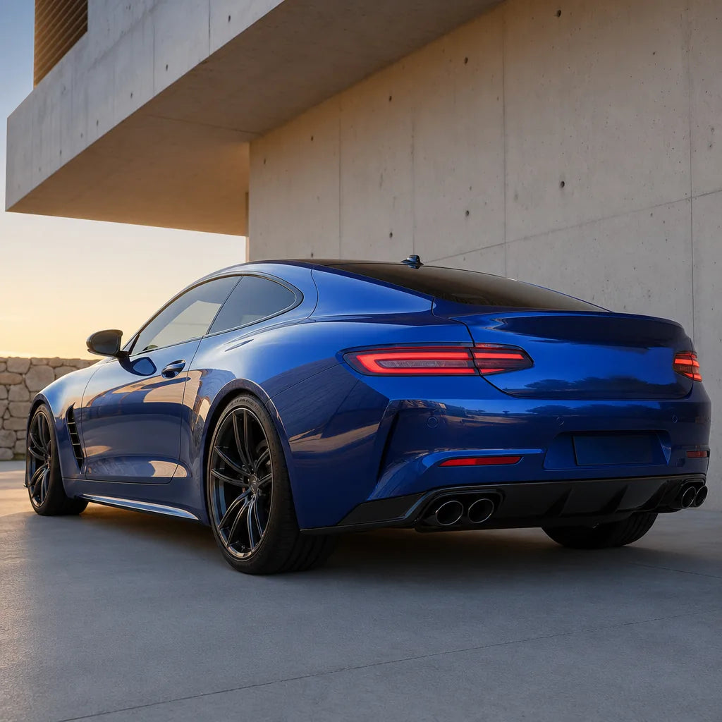 Luxury car wrapped in Diamond Blue gloss colored PPF at golden hour | Veloro
