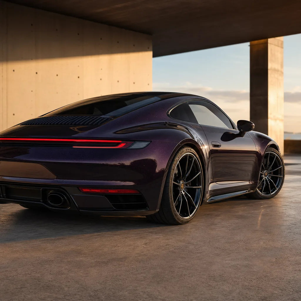 Luxury car wrapped in Diamond Chameleon Black Red gloss colored PPF at golden hour | Veloro