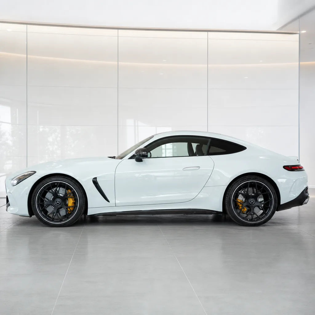 Diamond White Gold gloss colored PPF wrapped on a Mercedes-AMG GT side profile | Veloro