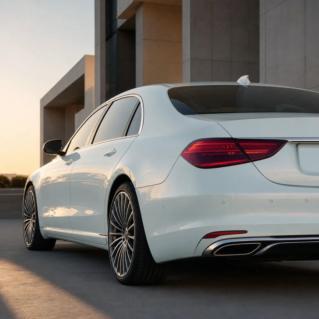Luxury car wrapped in Diamond White Gold gloss colored PPF at golden hour | Veloro