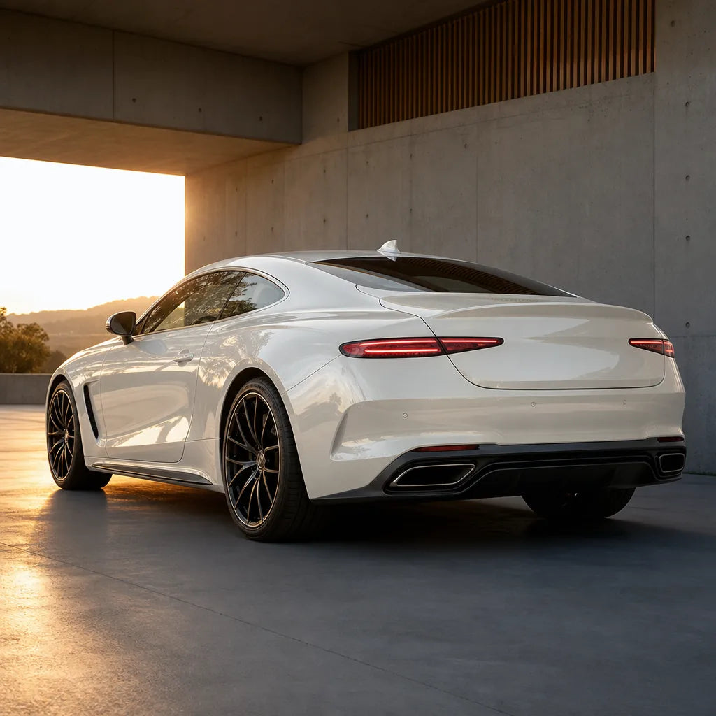 Luxury car wrapped in Elegant White gloss colored PPF at golden hour | Veloro