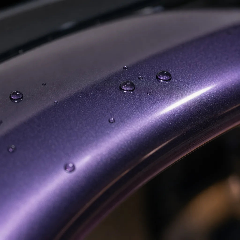 Close-up of Fantasy Spectrum Purple gloss colored PPF surface texture | Veloro