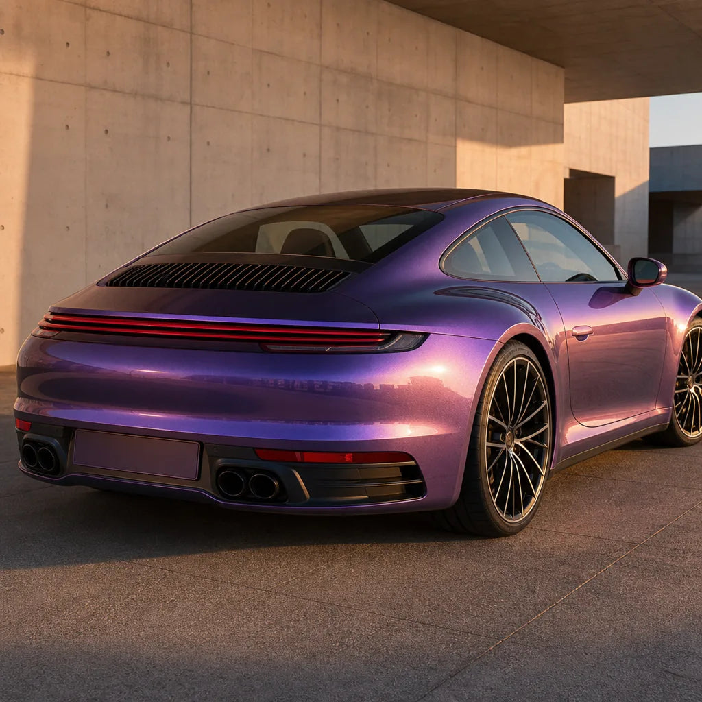 Luxury car wrapped in Fantasy Spectrum Purple gloss colored PPF at golden hour | Veloro