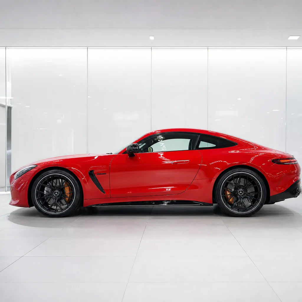 Ferrari Red gloss colored PPF wrapped on a Mercedes-AMG GT side profile | Veloro