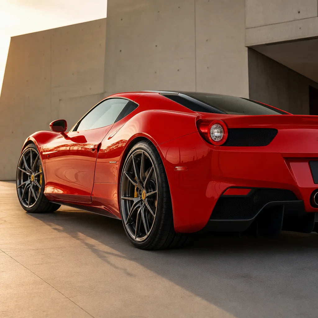Luxury car wrapped in Ferrari Red gloss colored PPF at golden hour | Veloro
