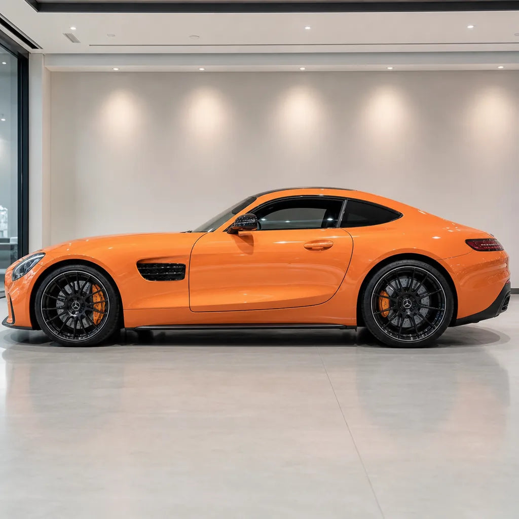 Flame Copper Brown gloss colored PPF wrapped on a Mercedes-AMG GT side profile | Veloro