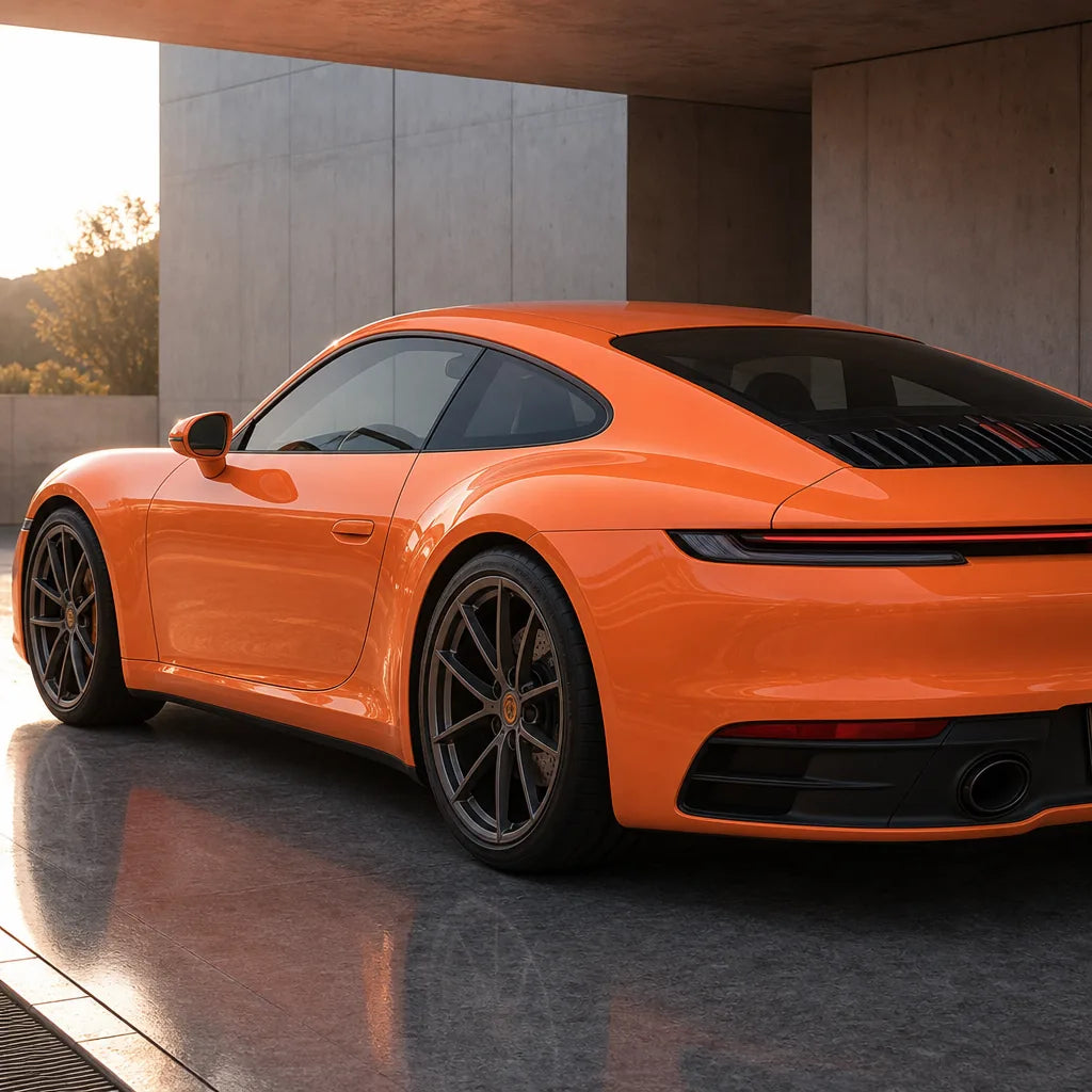 Luxury car wrapped in Flame Copper Brown gloss colored PPF at golden hour | Veloro
