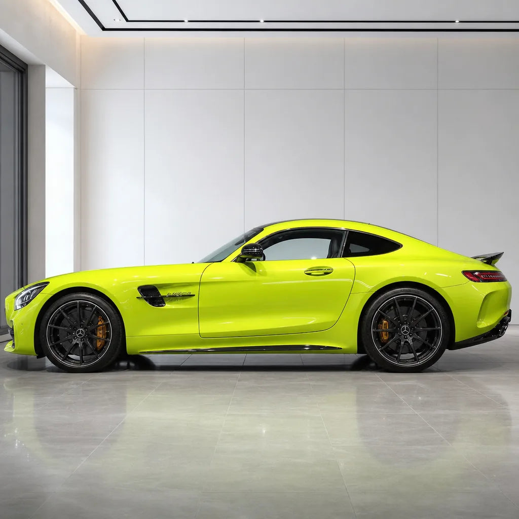 Fluorescent Neon Yellow gloss colored PPF wrapped on a Mercedes-AMG GT side profile | Veloro