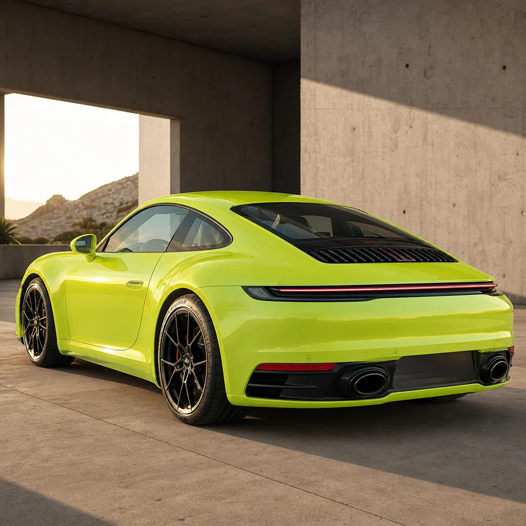 Luxury car wrapped in Fluorescent Neon Yellow gloss colored PPF at golden hour | Veloro