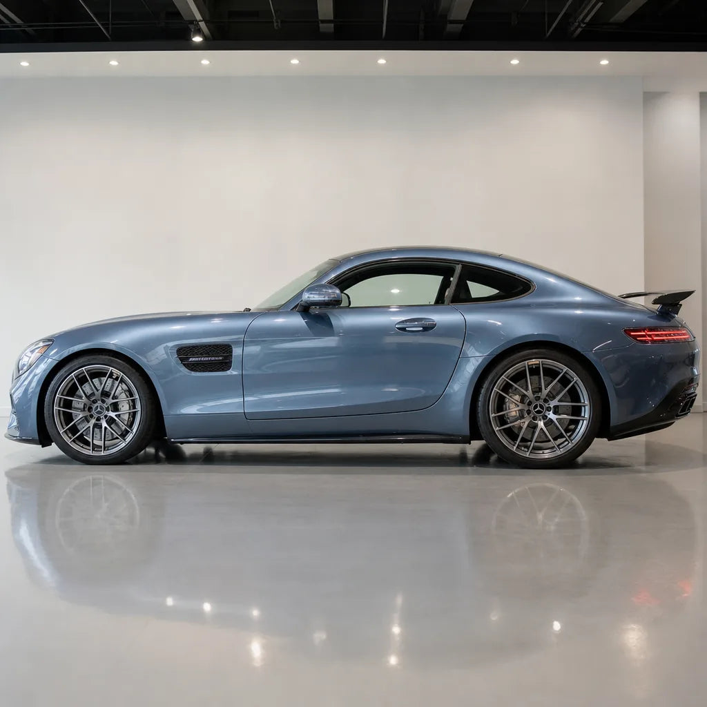 Glacier Blue gloss colored PPF wrapped on a Mercedes-AMG GT side profile | Veloro