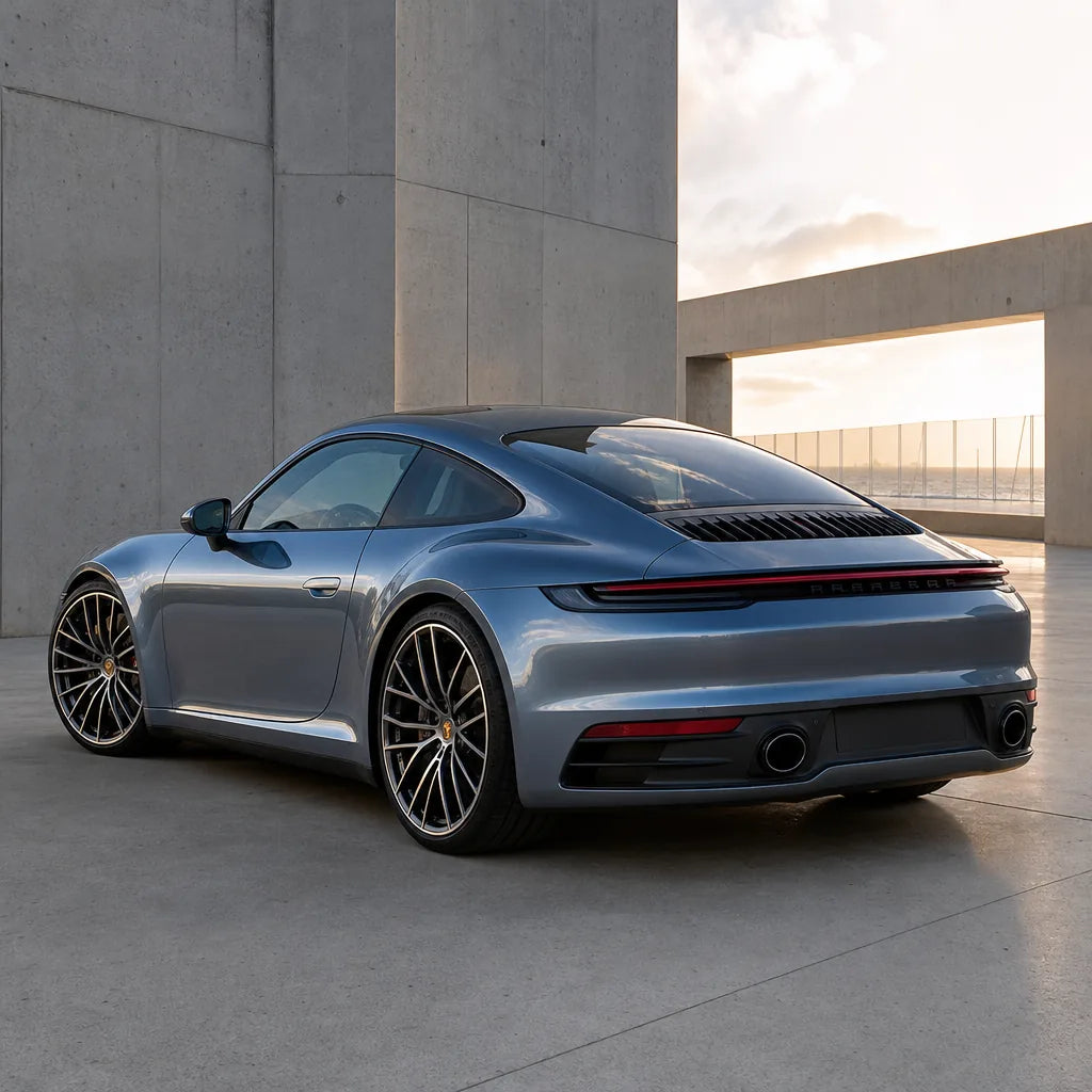 Luxury car wrapped in Glacier Blue gloss colored PPF at golden hour | Veloro