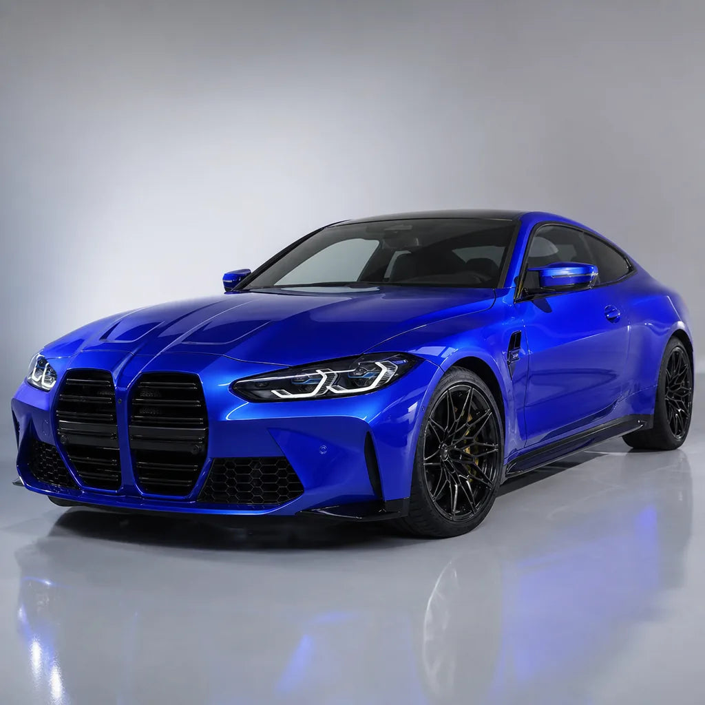 Glass Blue gloss colored PPF wrapped on a BMW M4 | Veloro