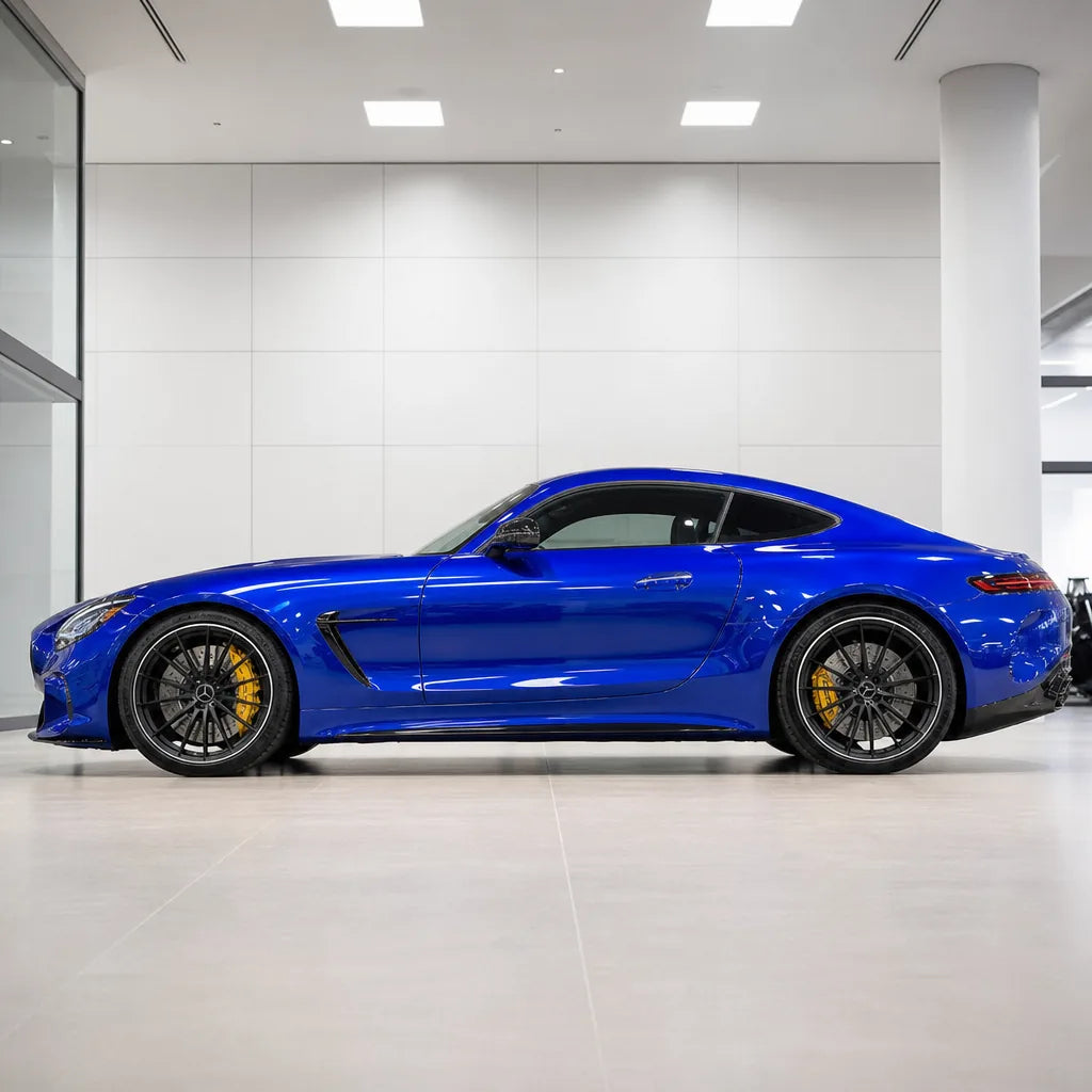 Glass Blue gloss colored PPF wrapped on a Mercedes-AMG GT side profile | Veloro