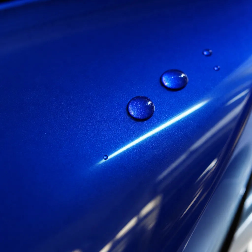 Close-up of Glass Blue gloss colored PPF surface texture | Veloro