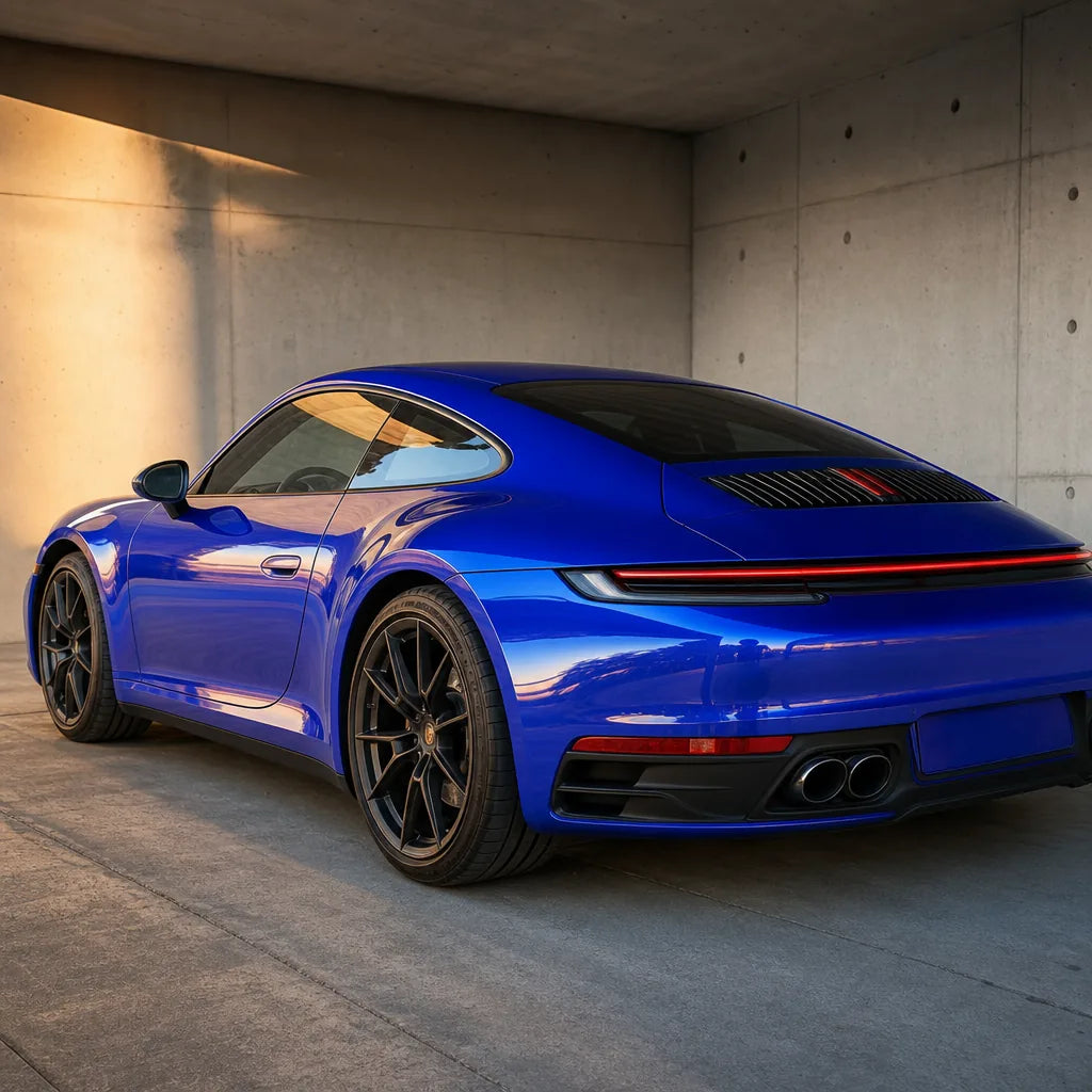 Luxury car wrapped in Glass Blue gloss colored PPF at golden hour | Veloro
