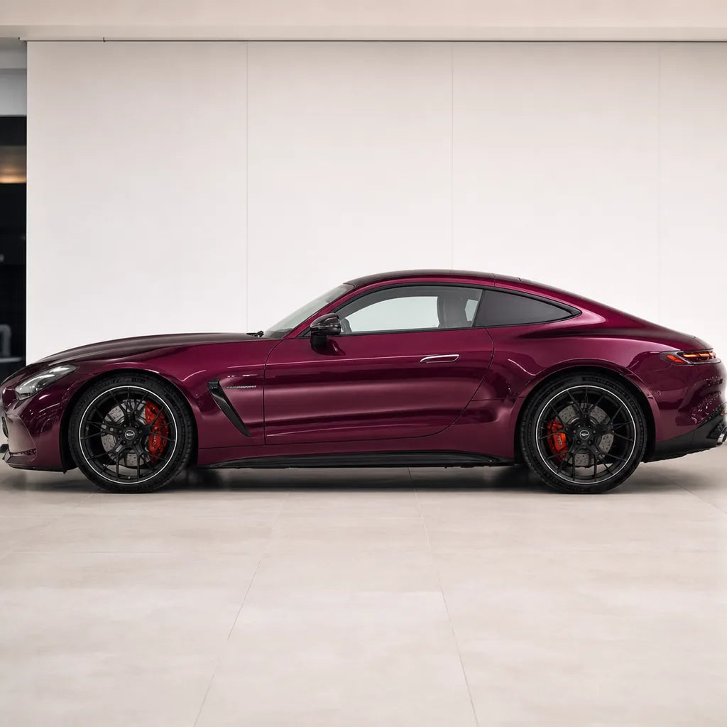 Glazed Tata Red gloss colored PPF wrapped on a Mercedes-AMG GT side profile | Veloro