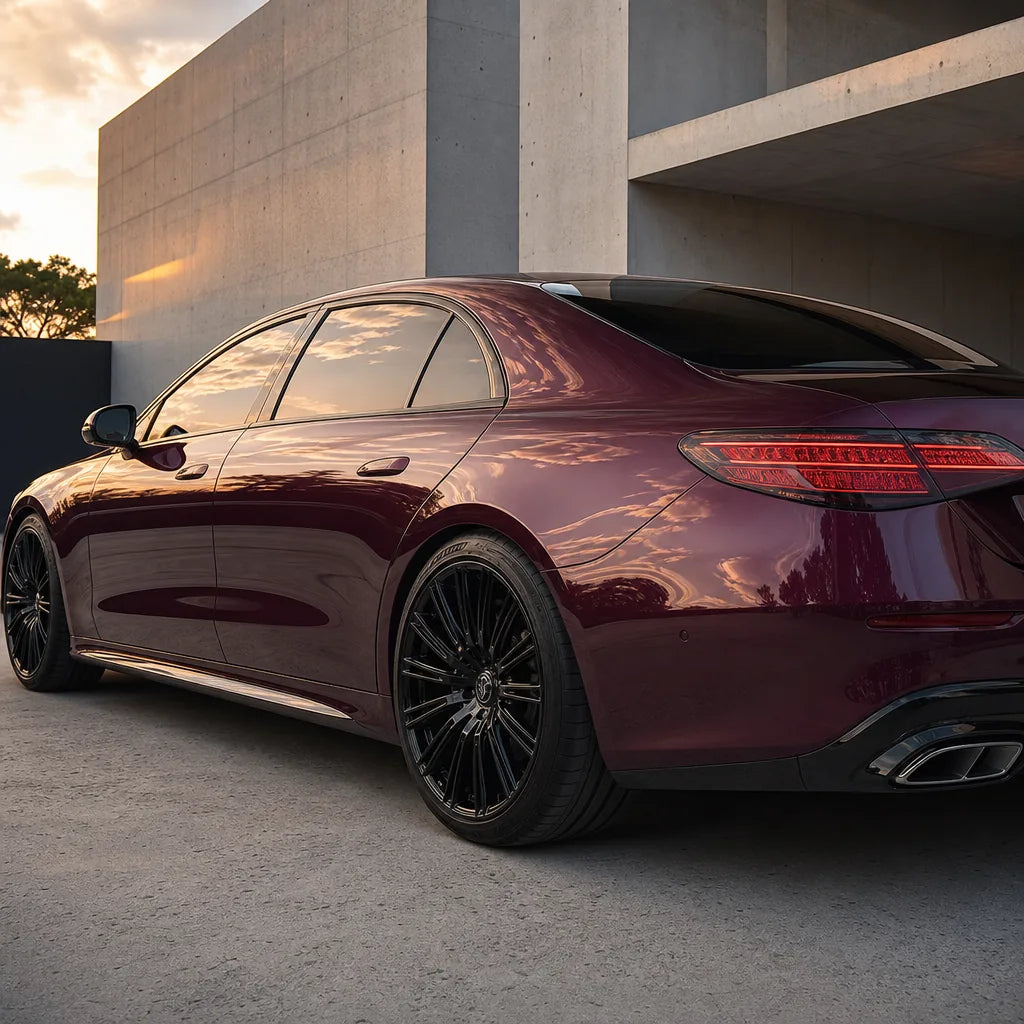 Luxury car wrapped in Glazed Tata Red gloss colored PPF at golden hour | Veloro