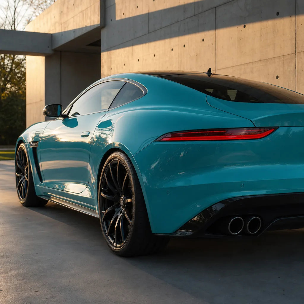 Luxury car wrapped in Gulf Blue gloss colored PPF at golden hour | Veloro