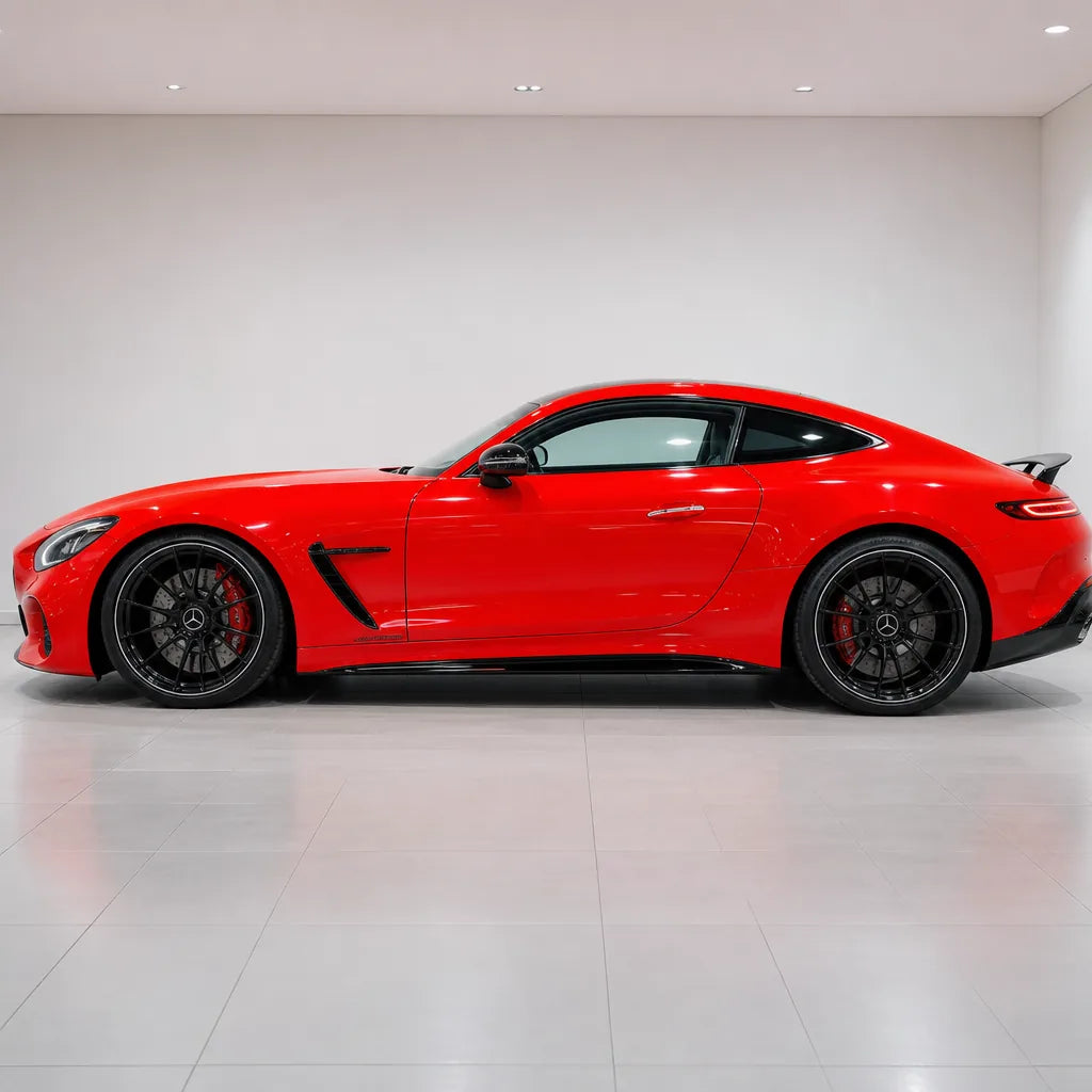 Healing Ferrari Red gloss colored PPF wrapped on a Mercedes-AMG GT side profile | Veloro