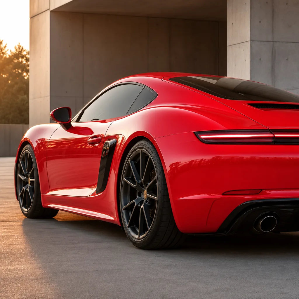 Luxury car wrapped in Healing Ferrari Red gloss colored PPF at golden hour | Veloro