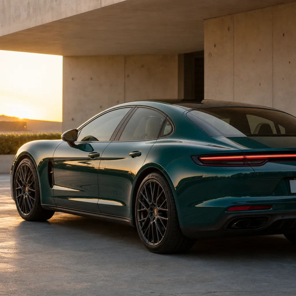 Luxury car wrapped in Hell Green gloss colored PPF at golden hour | Veloro