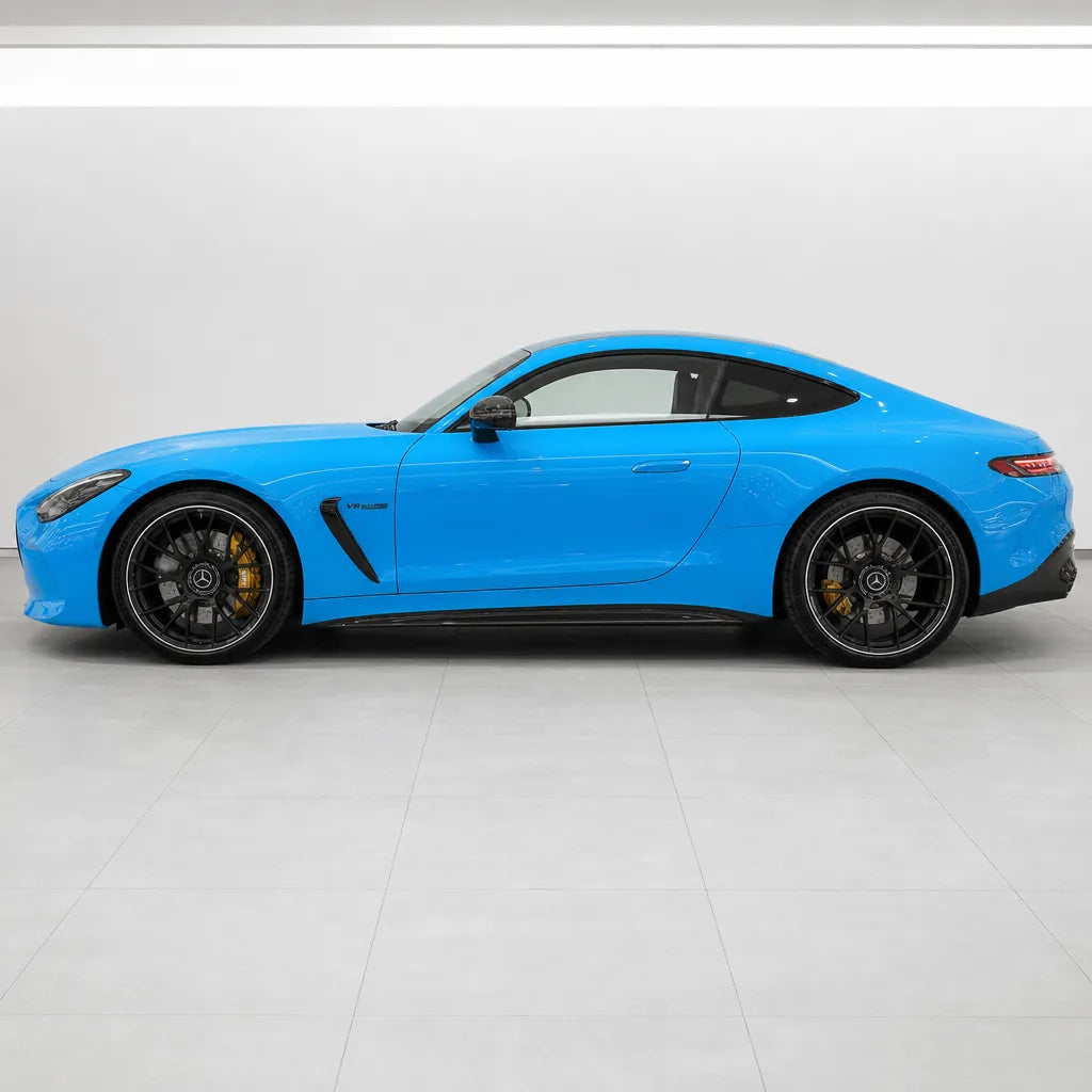Ice Cream Blue gloss colored PPF wrapped on a Mercedes-AMG GT side profile | Veloro