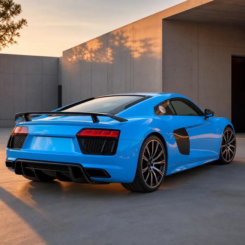 Luxury car wrapped in Ice Cream Blue gloss colored PPF at golden hour | Veloro