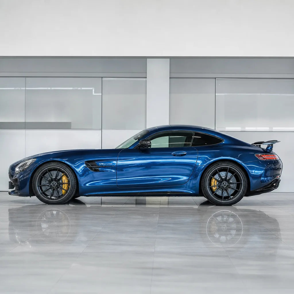 Indigo Blue gloss colored PPF wrapped on a Mercedes-AMG GT side profile | Veloro