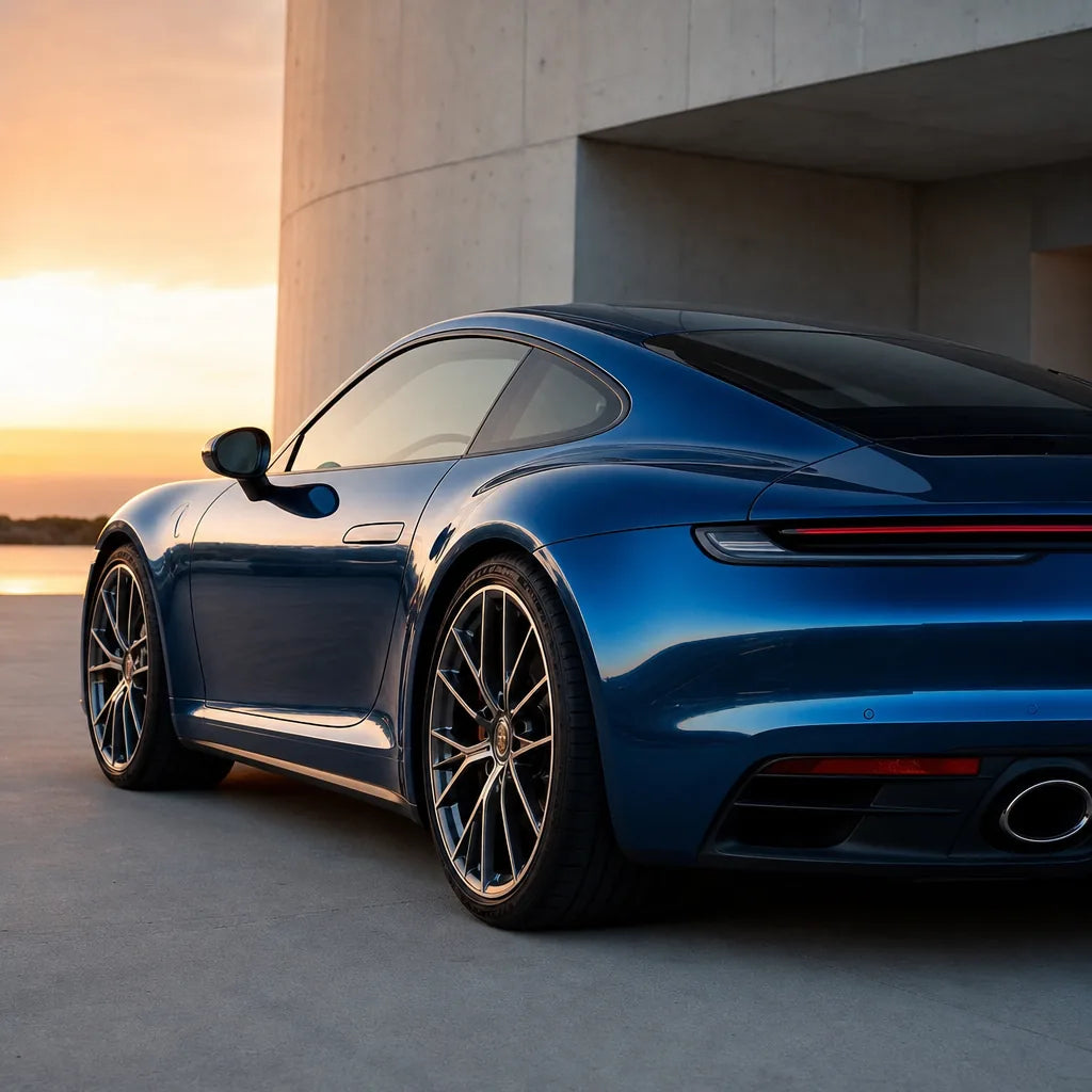 Luxury car wrapped in Indigo Blue gloss colored PPF at golden hour | Veloro