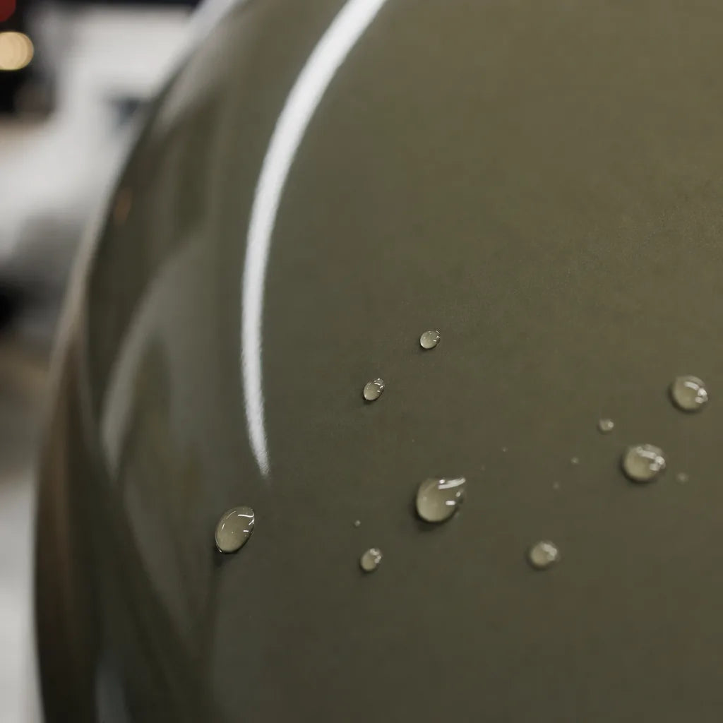 Close-up of Khaki Green PPF gloss colored PPF surface texture | Veloro