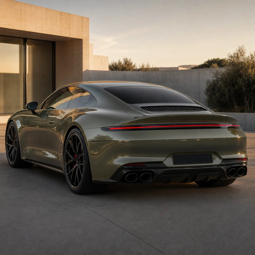 Luxury car wrapped in Khaki Green PPF gloss colored PPF at golden hour | Veloro