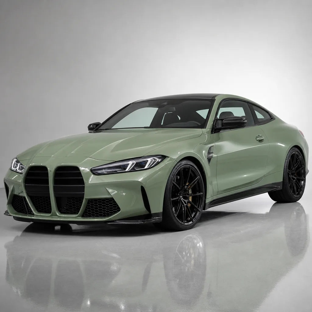 Light Khaki Green gloss colored PPF wrapped on a BMW M4 | Veloro