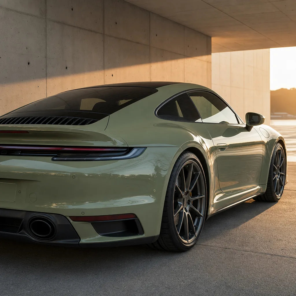 Luxury car wrapped in Light Khaki Green gloss colored PPF at golden hour | Veloro