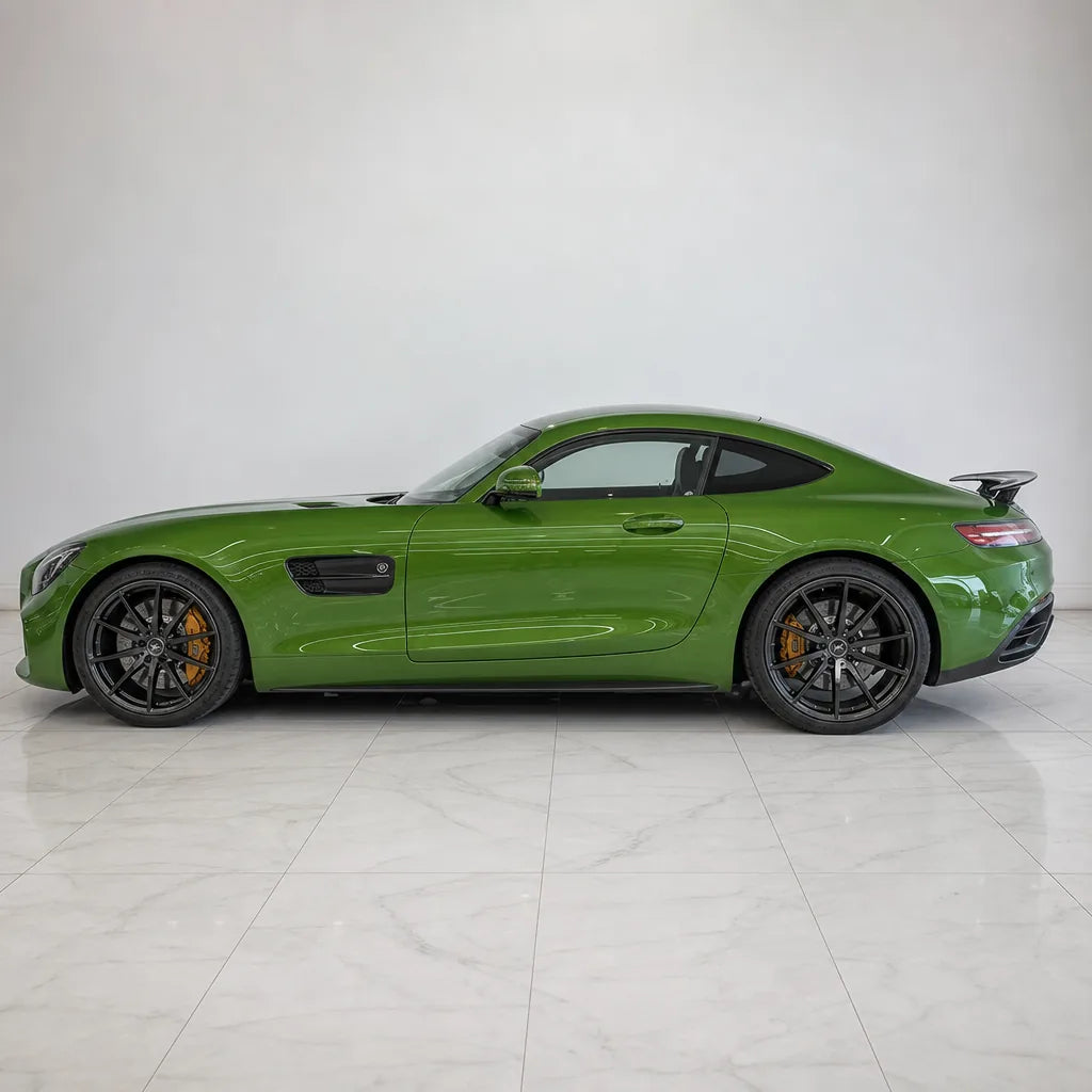 Light Racing Green gloss colored PPF wrapped on a Mercedes-AMG GT side profile | Veloro
