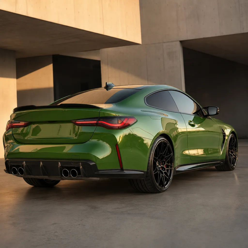 Luxury car wrapped in Light Racing Green gloss colored PPF at golden hour | Veloro